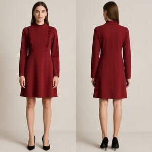 Sharagano Red Ruffle Front Mock Neck Dress Women’s 8 Long Sleeve Knee Length